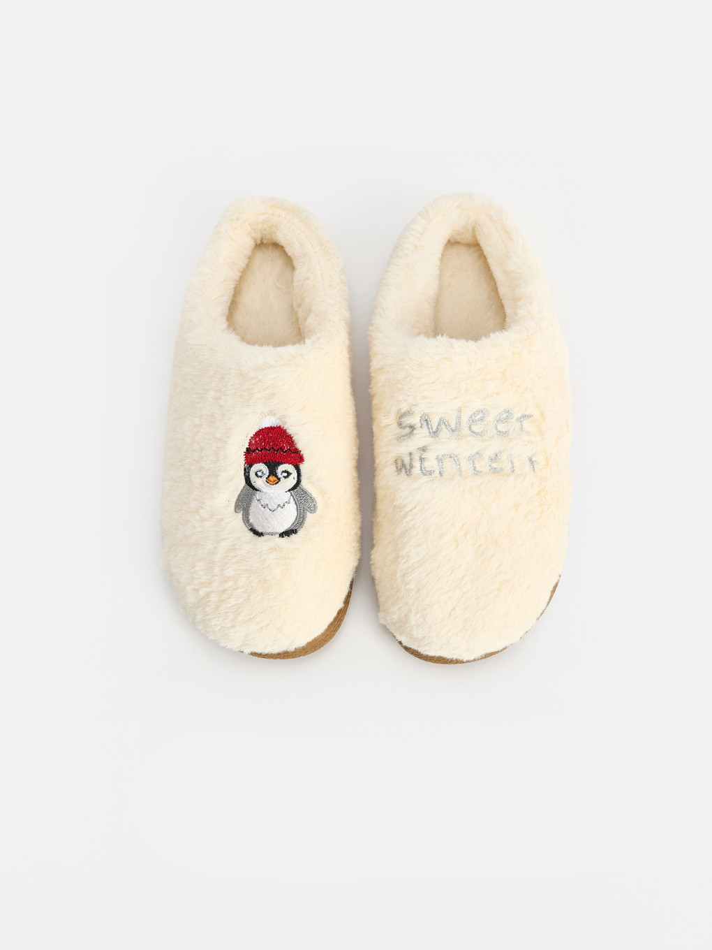 Beyaz Penguen Nakışlı Pelüş Kadın Ev Terliği-2