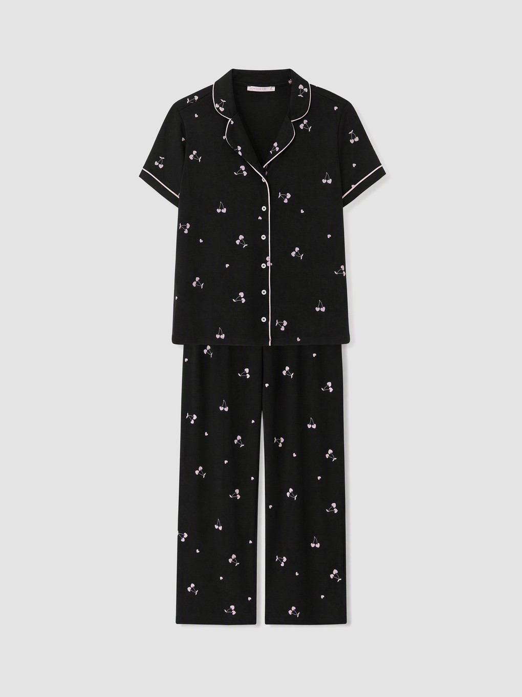 Siyah Gömlek Yaka Desenli Kadın Pijama Takımı