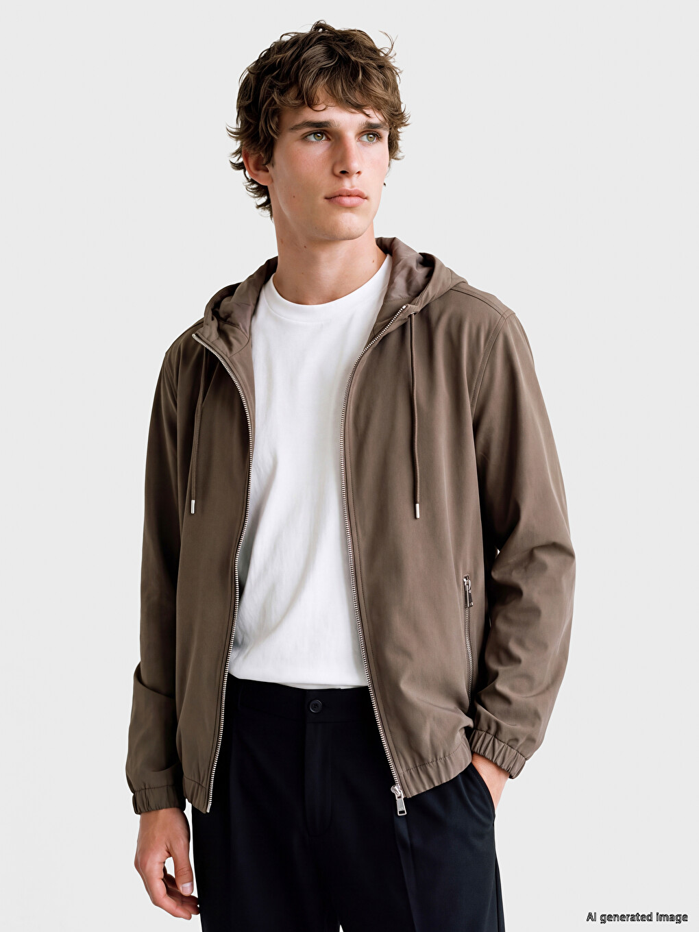 Bej Kapüşonlu Erkek Fermuarlı Sweatshirt