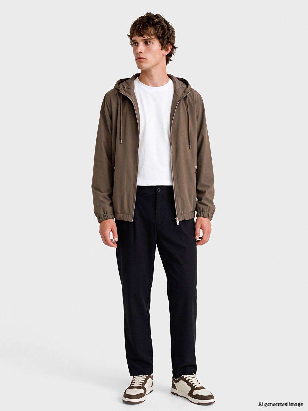 Bej Kapüşonlu Erkek Fermuarlı Sweatshirt-1