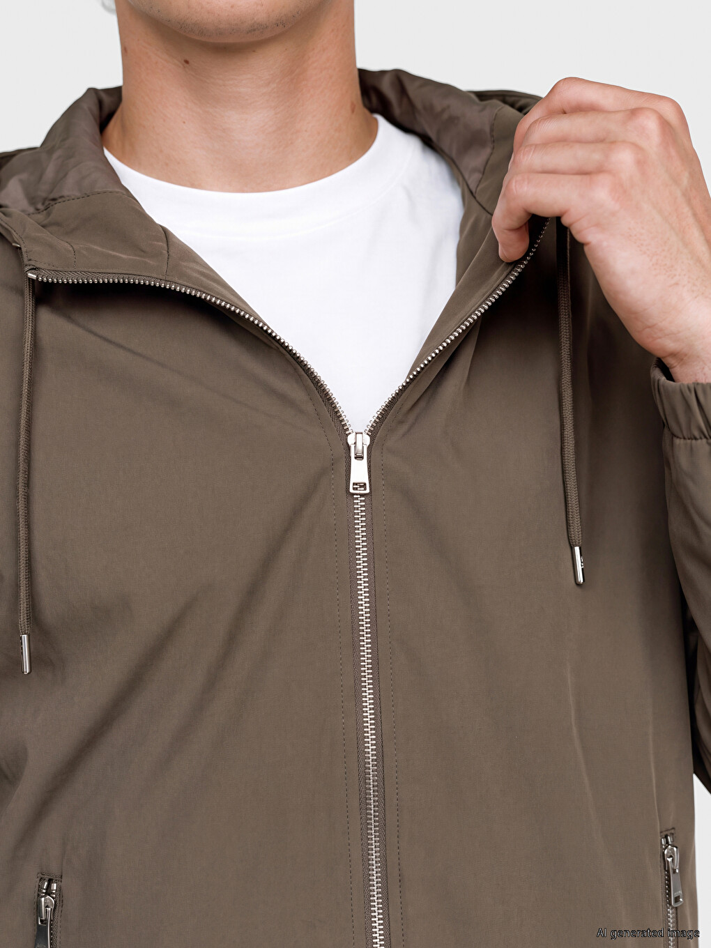 Bej Kapüşonlu Erkek Fermuarlı Sweatshirt-2