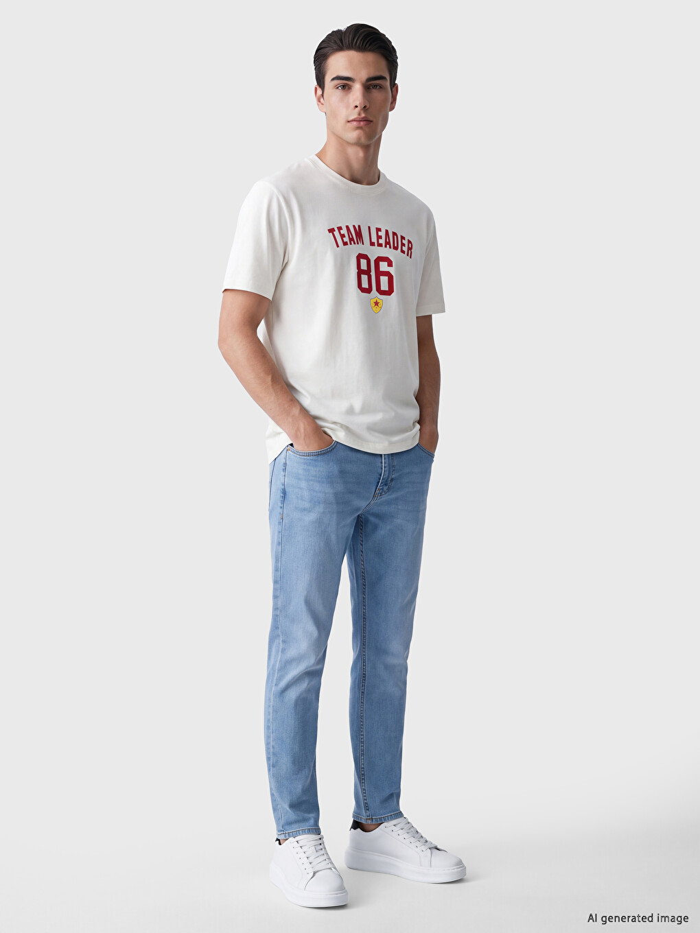 Beyaz Bisiklet Yaka Baskılı Erkek Tişört-1