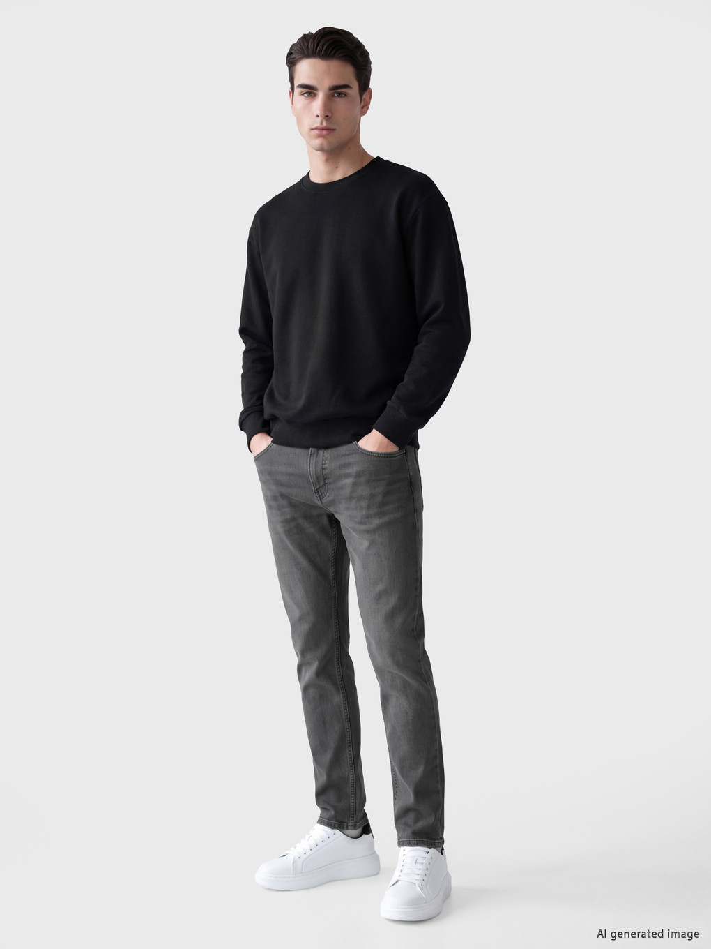 Siyah Bisiklet Yaka Erkek Kalın Sweatshirt-1