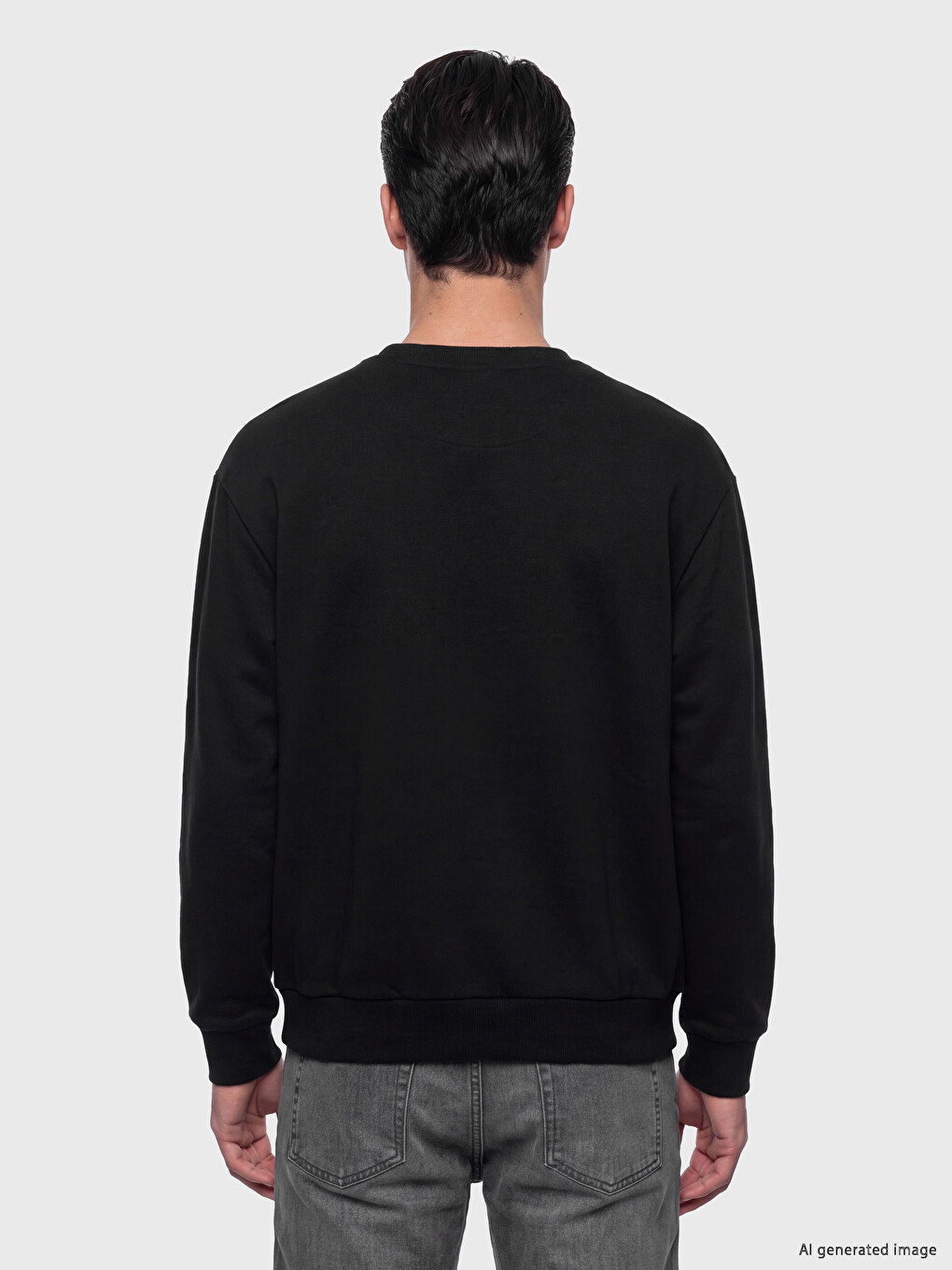 Siyah Bisiklet Yaka Erkek Kalın Sweatshirt-3