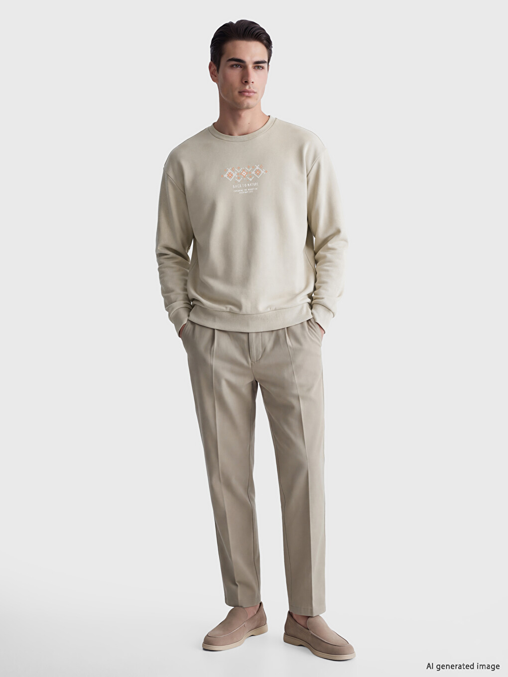 Gri Bisiklet Yaka Nakışlı Sweatshirt-1