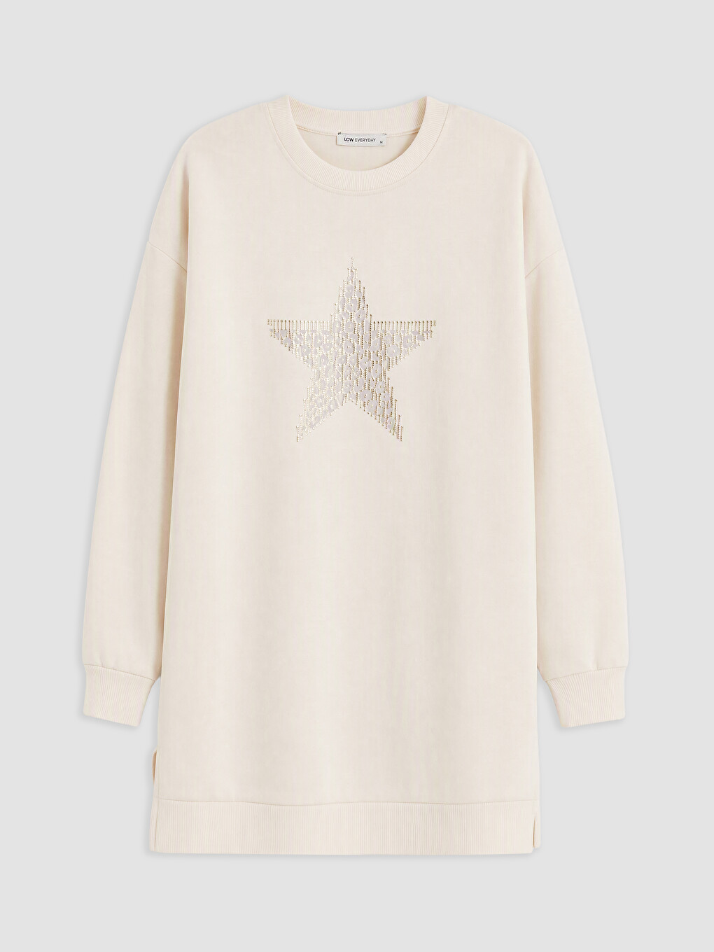 Bej Baskılı Oversize Kadın Sweatshirt Tunik