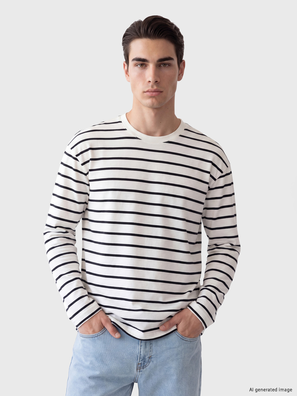 Beyaz Bisiklet Yaka Çizgili Erkek Sweatshirt