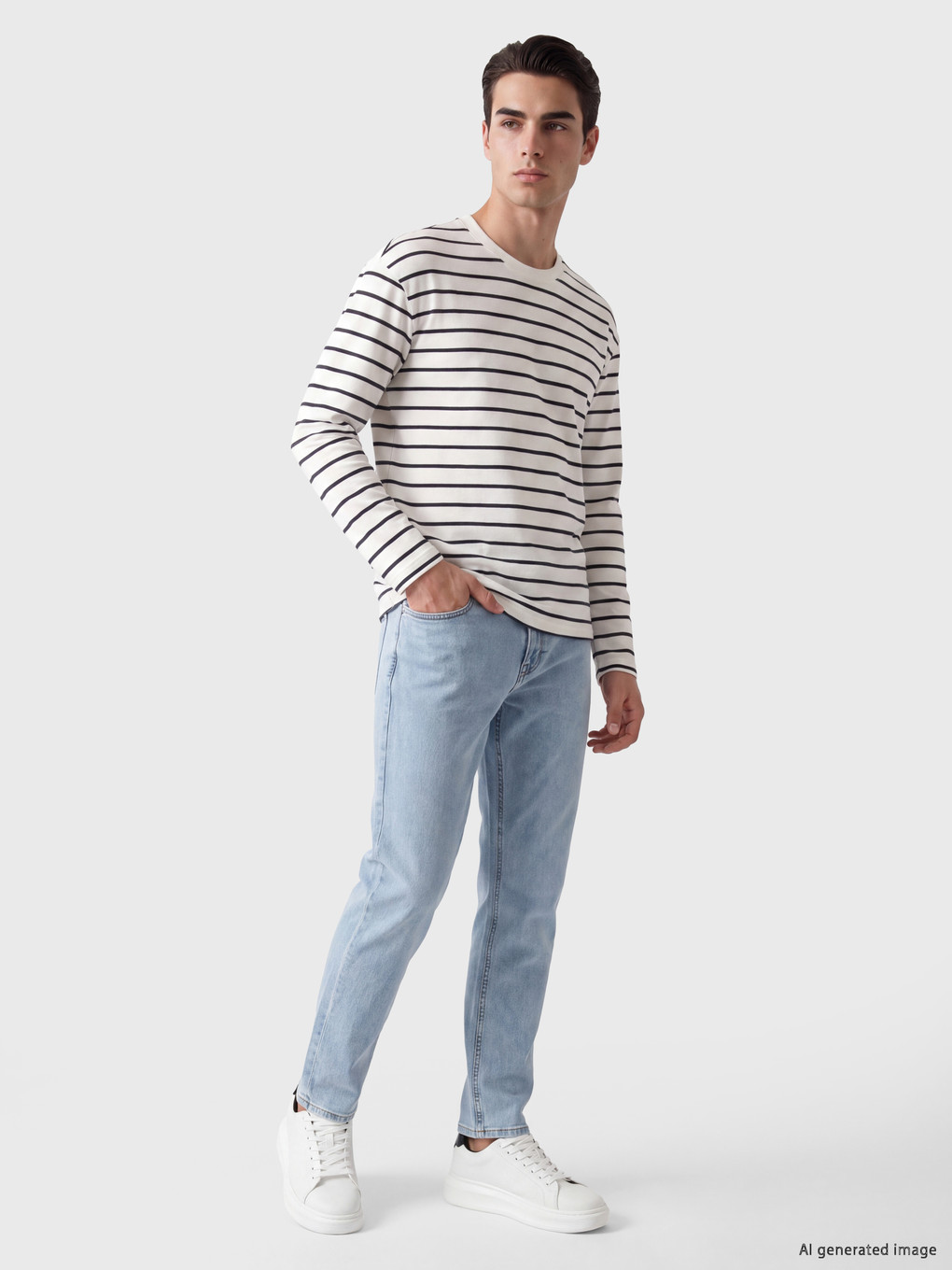 Beyaz Bisiklet Yaka Çizgili Erkek Sweatshirt-1
