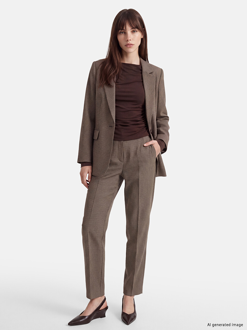 Kahverengi Ekose Kadın Blazer Ceket-1