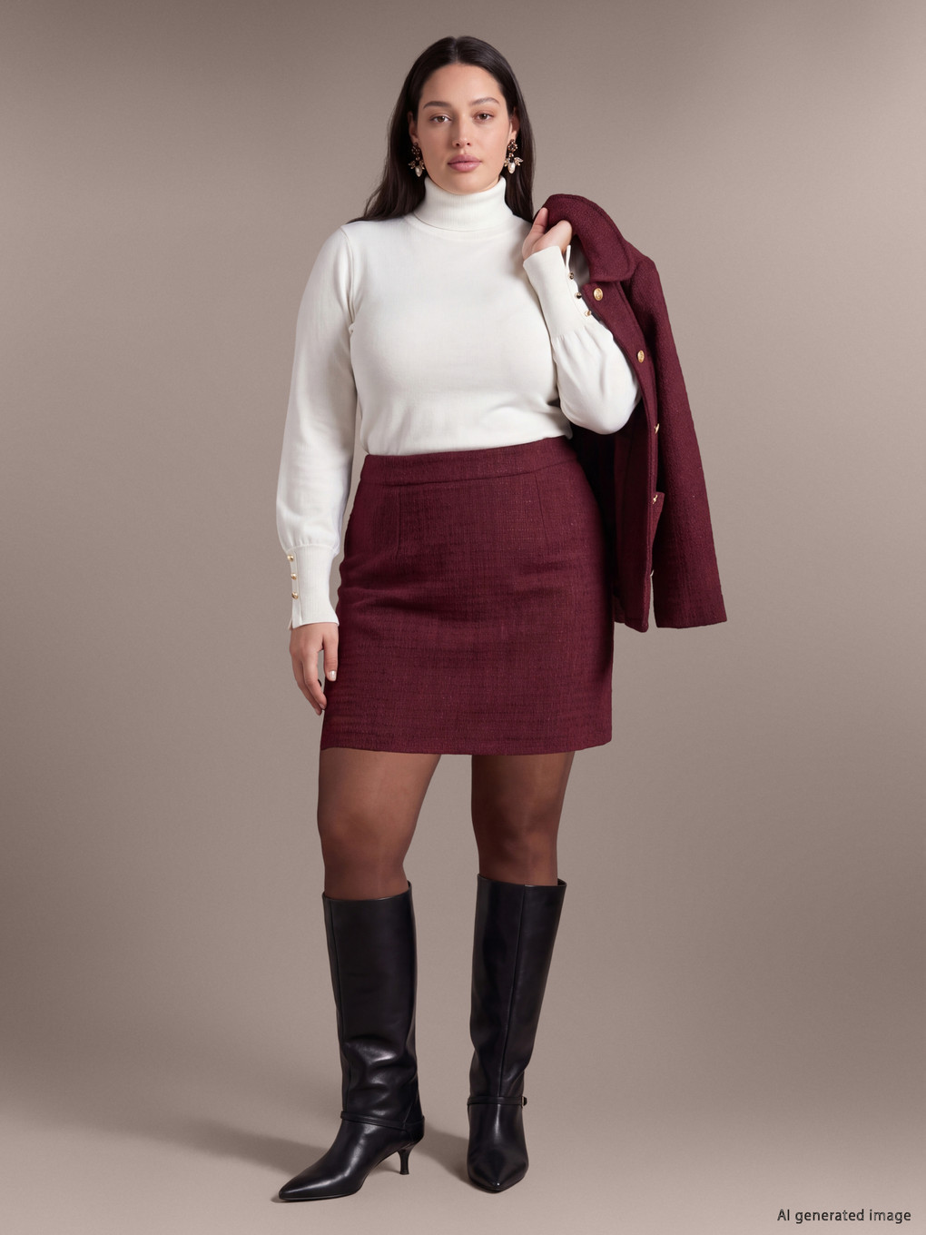 Bordo Büyük Beden Fermuarlı Mini Etek