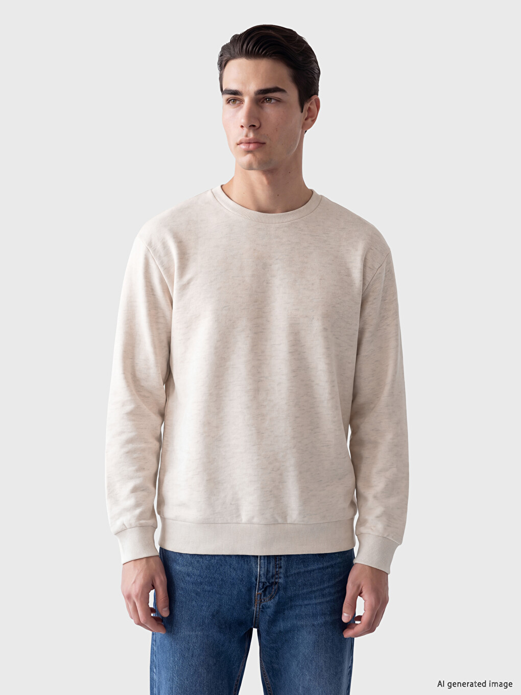 Beyaz Bisiklet Yaka Erkek Sweatshirt