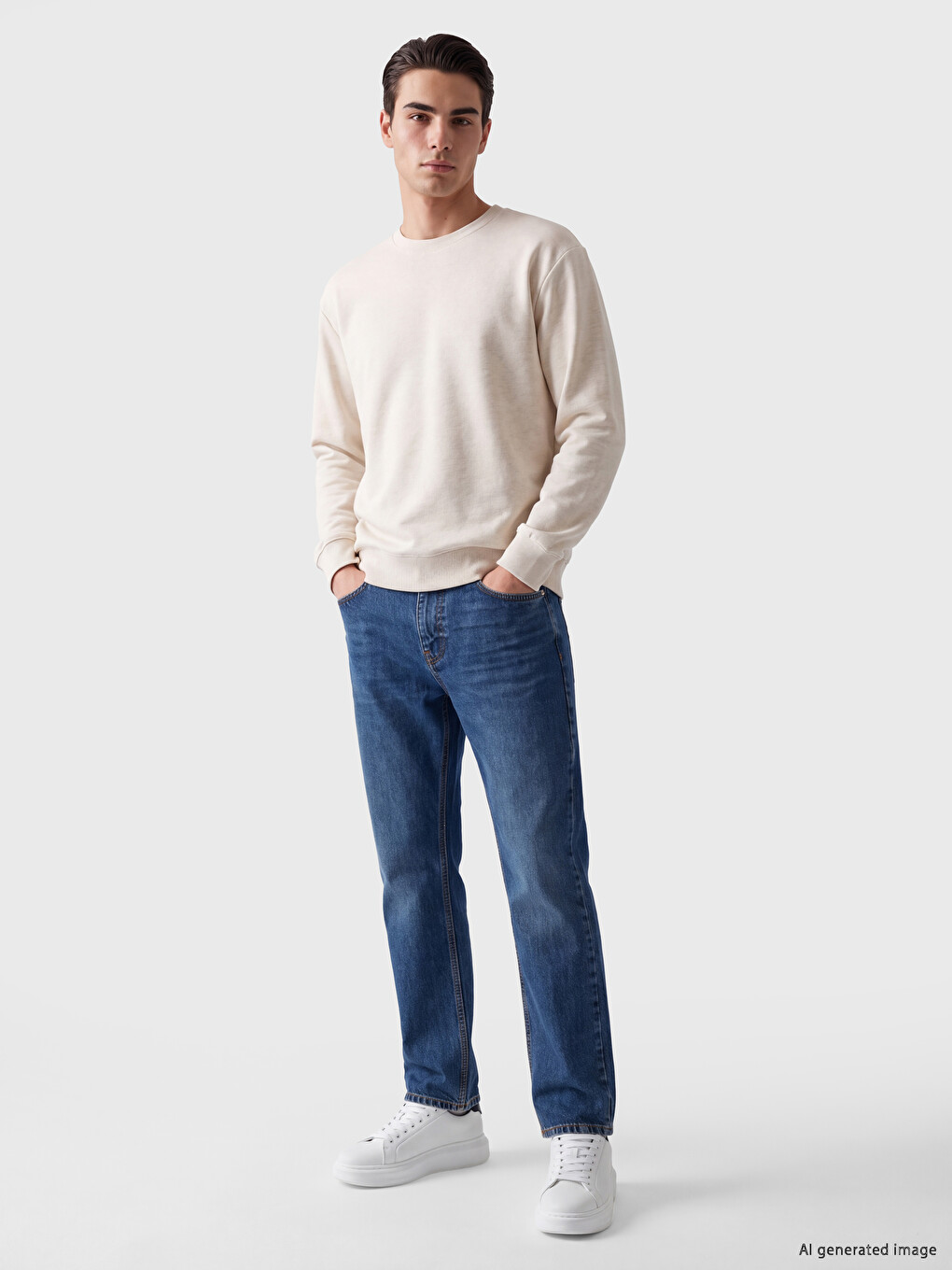 Beyaz Bisiklet Yaka Erkek Sweatshirt-1