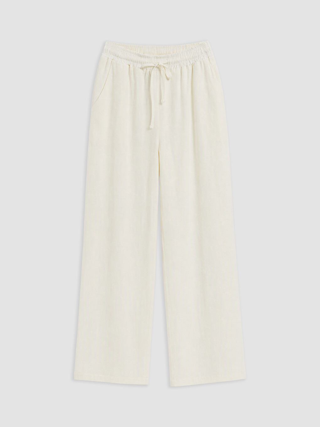 Ekru Beli Lastikli Keten Karışımlı Kadın Pantolon