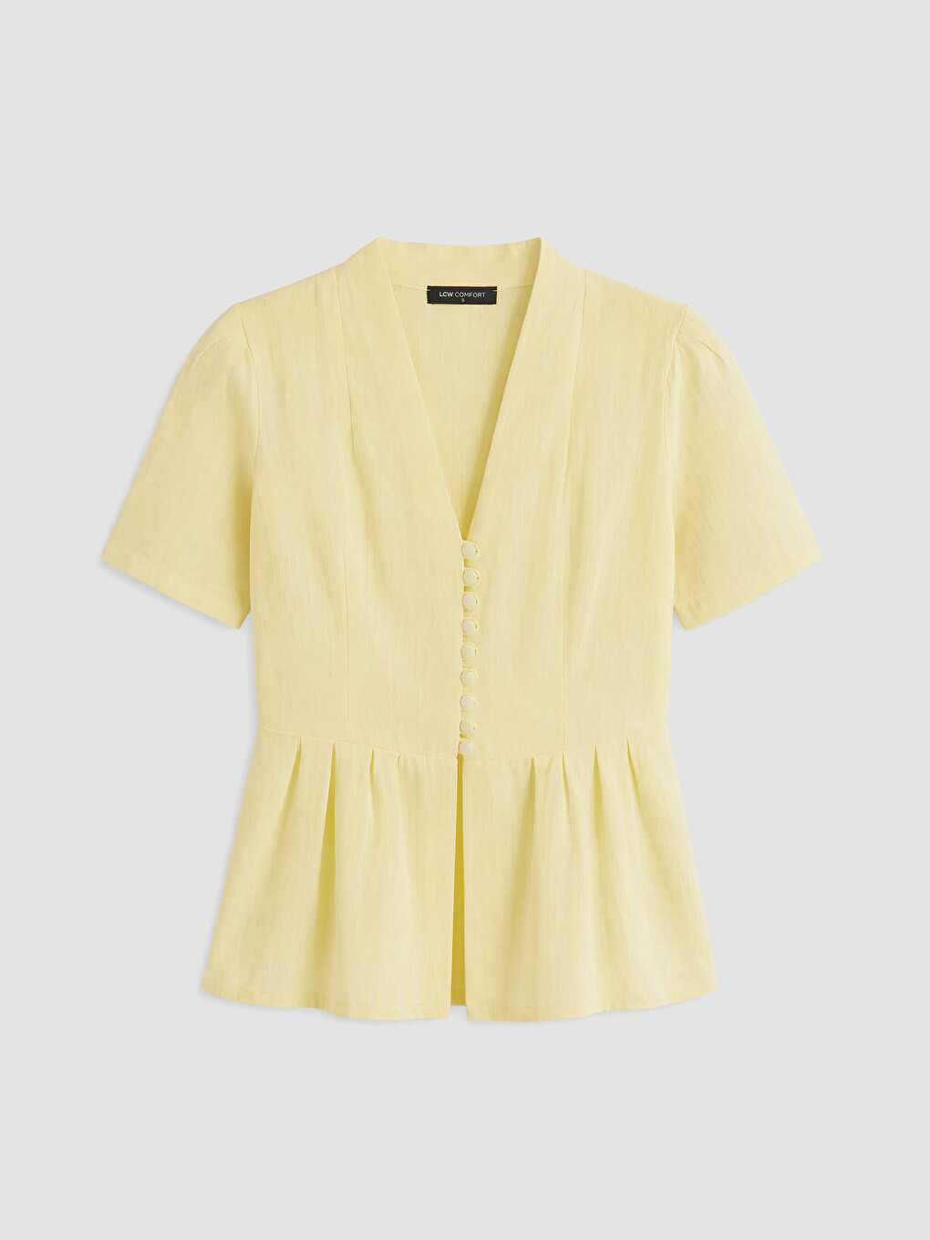 Sarı V Yaka %100 Pamuklu Peplum Bluz
