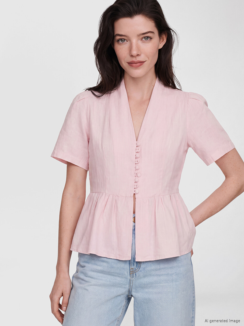 Bluzë Peplum Me Jakë Në Formë V-je 100% Pambuk Për Gra