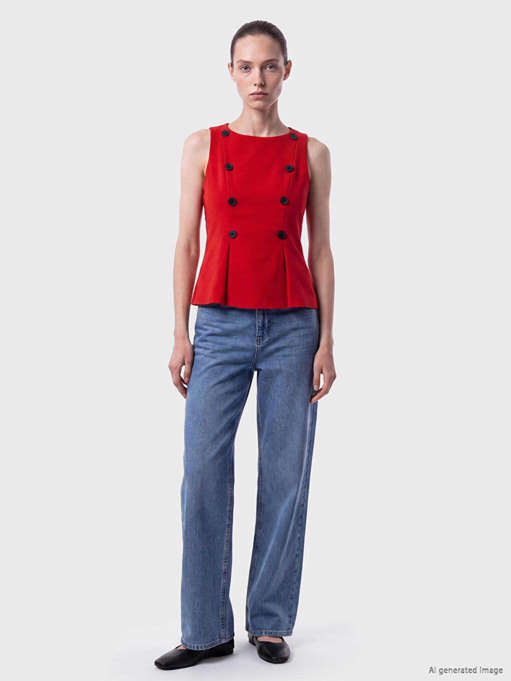 Crew Neck Decorative Buttoned Peplum Blouse