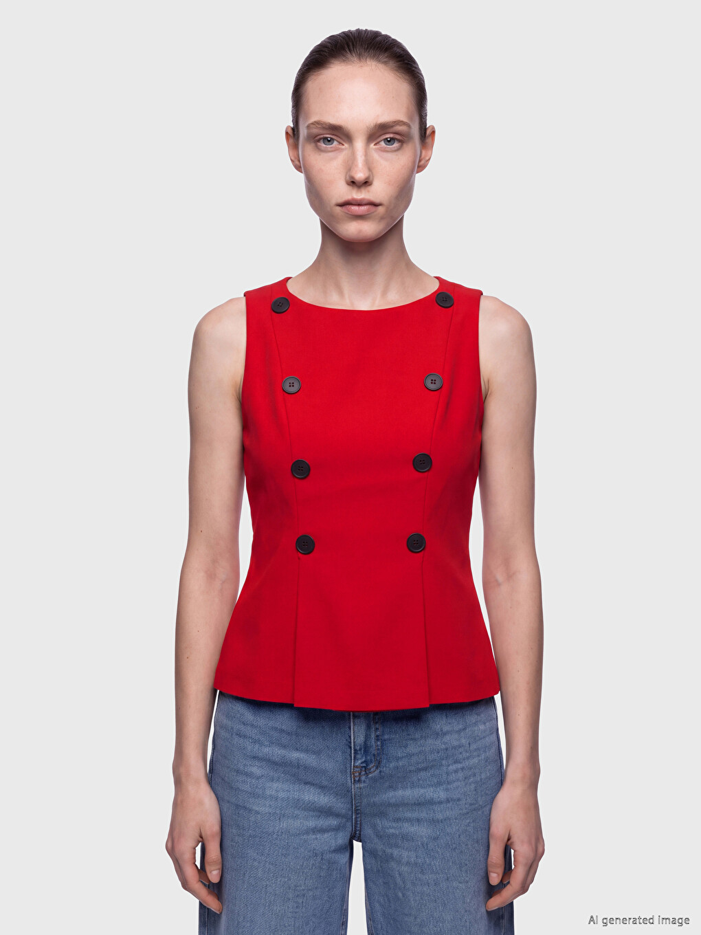 Crew Neck Decorative Buttoned Peplum Blouse-1
