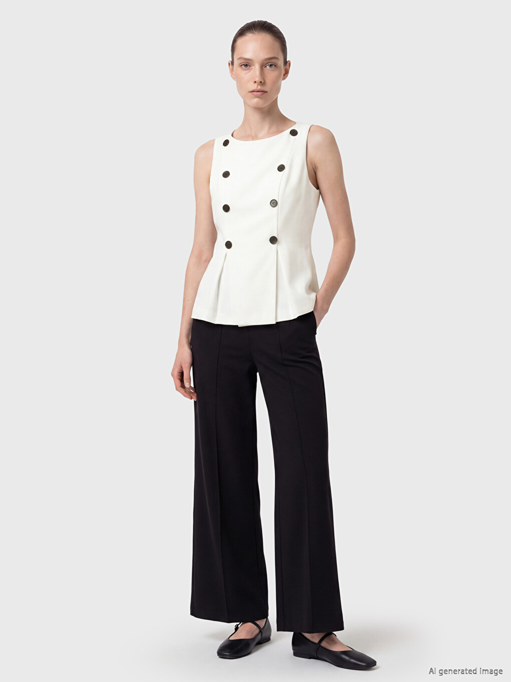 Crew Neck Decorative Buttoned Peplum Blouse