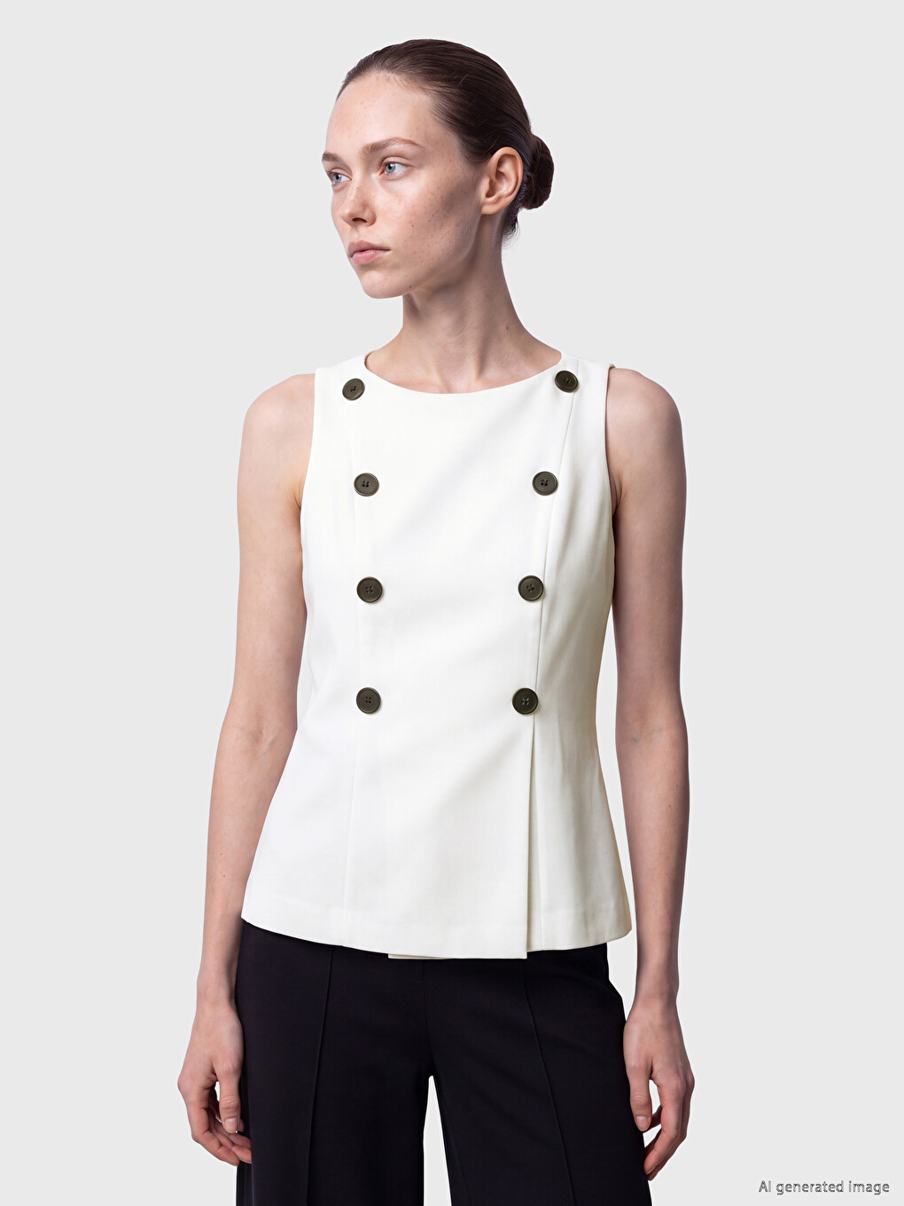 Crew Neck Decorative Buttoned Peplum Blouse-1