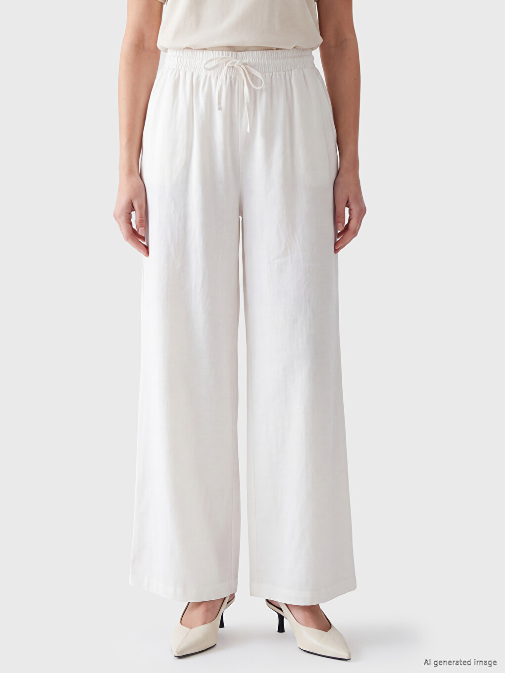 Ekru Beli Lastikli Geniş Paça Kadın Pantolon-1