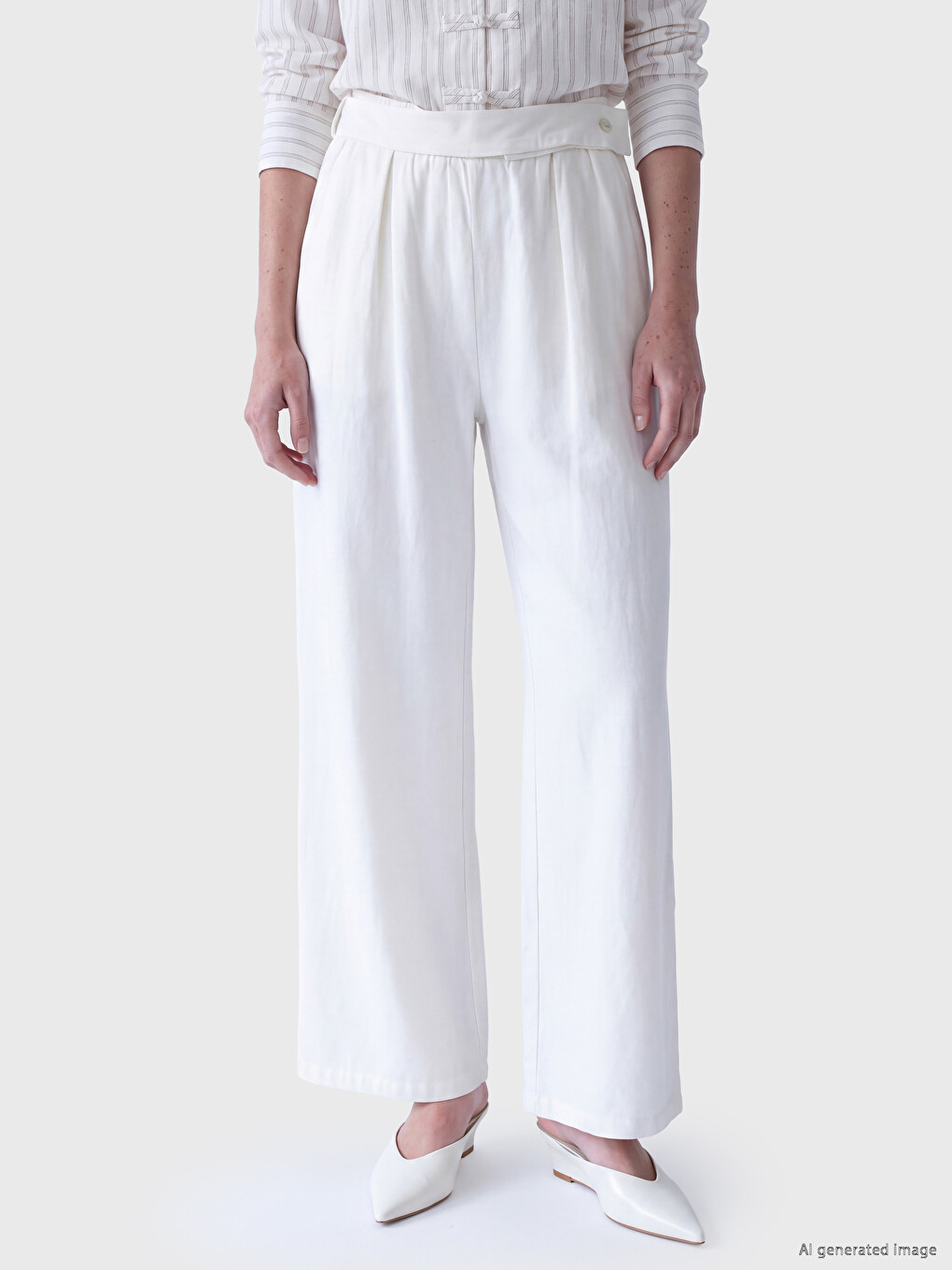Ekru Beli Lastikli Geniş Paça Kadın Pantolon-1