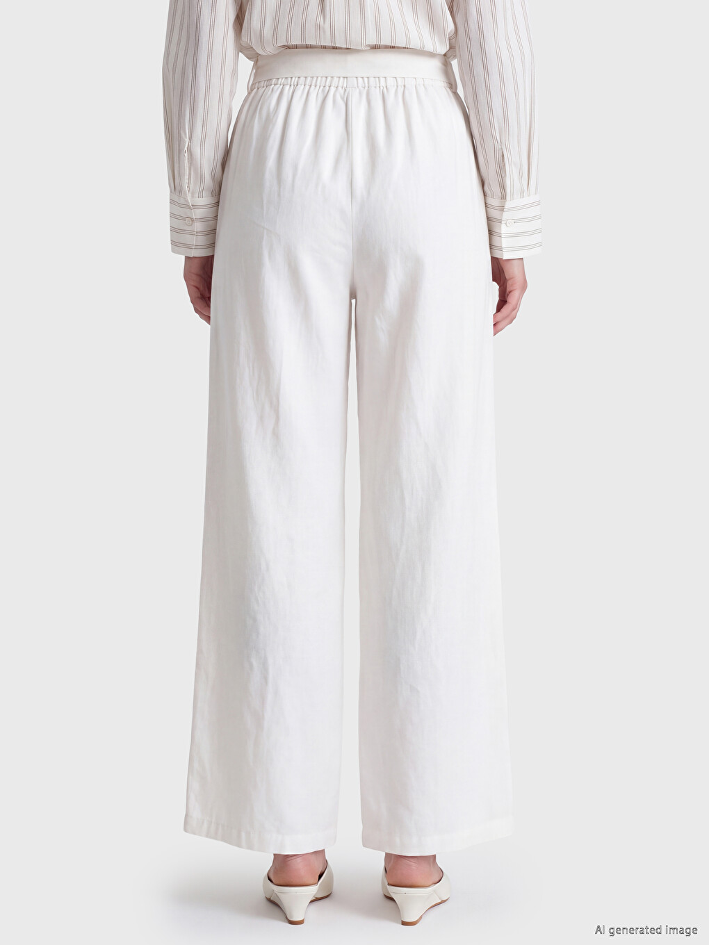 Ekru Beli Lastikli Geniş Paça Kadın Pantolon-3