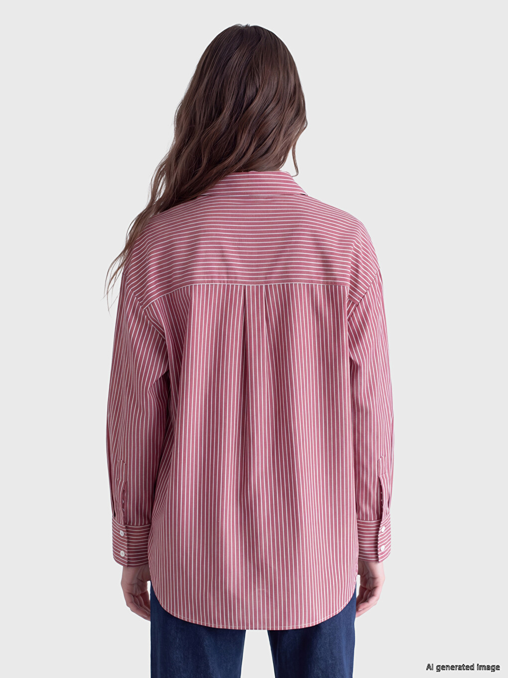 Bordo Çizgili Poplin Kadın Gömlek-3