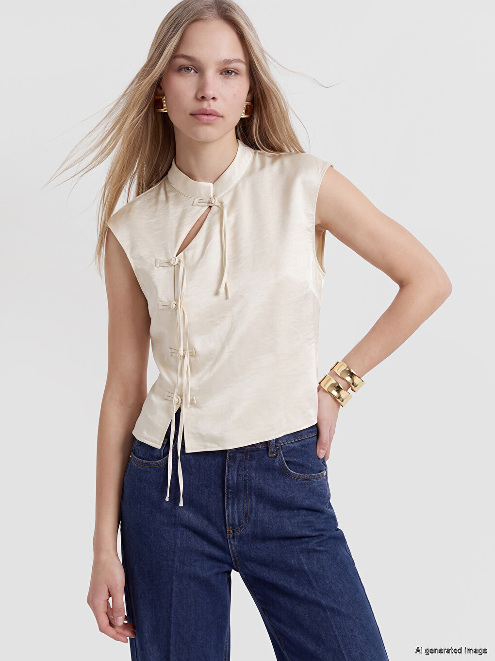 Bej Hakim Yaka Süslü Düğmeli Saten Bluz