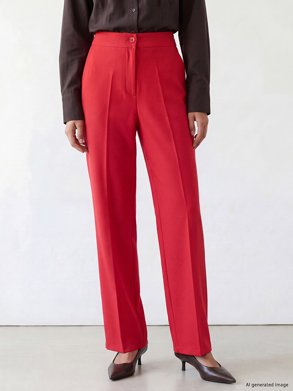Kırmızı Beli Lastikli Geniş Paça Kadın Pantolon-1