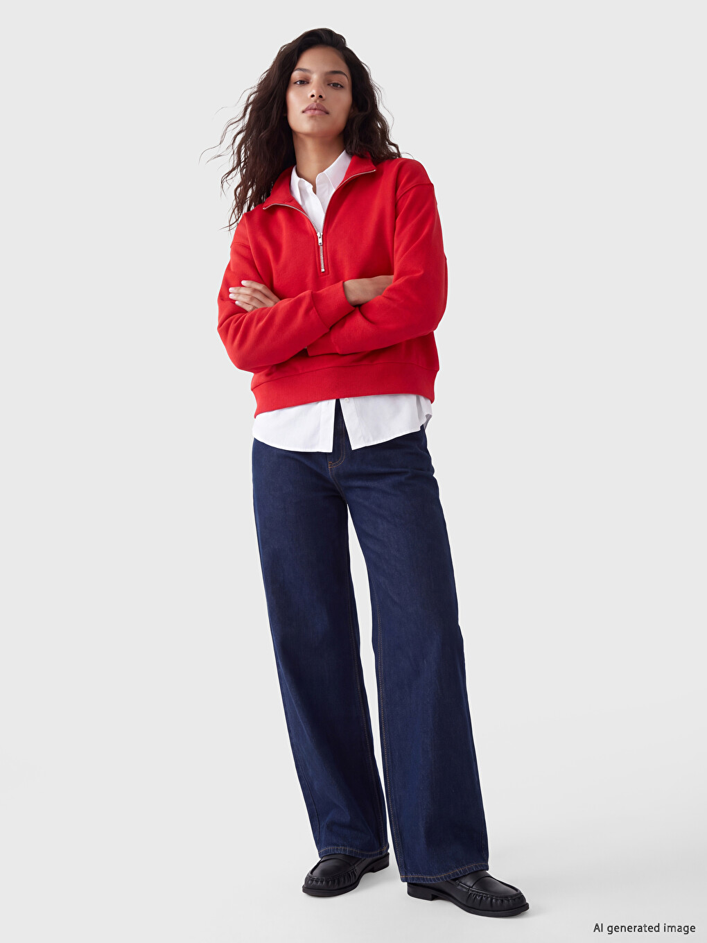Kırmızı Dik Yaka Kadın Kalın Sweatshirt-1