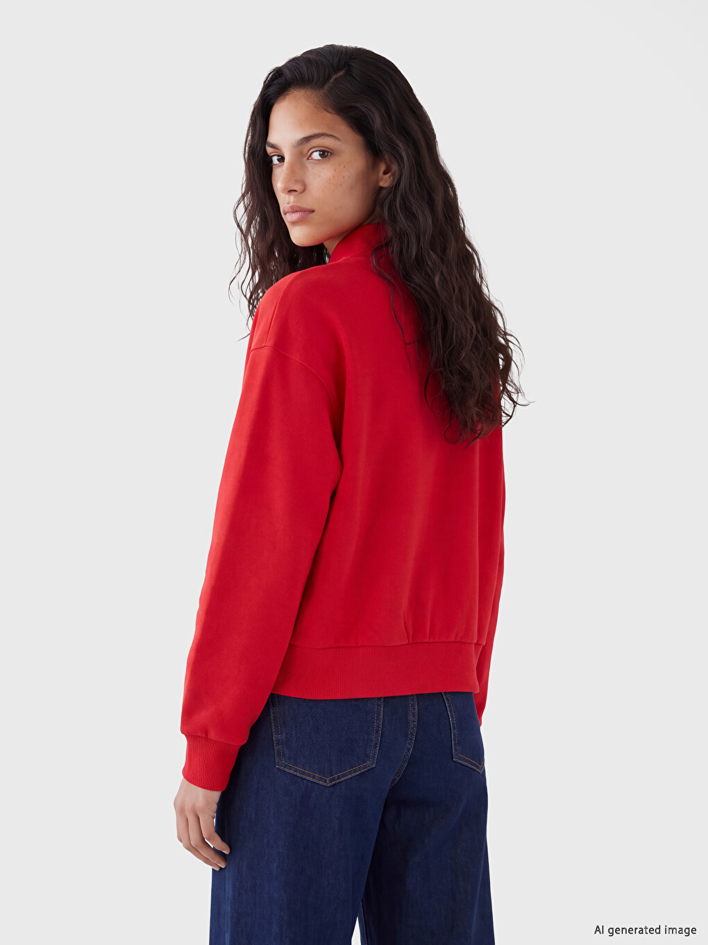 Kırmızı Dik Yaka Kadın Kalın Sweatshirt-3