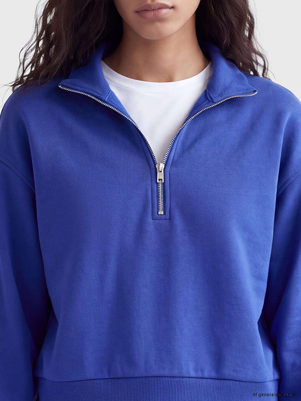 Mavi Dik Yaka Kadın Kalın Sweatshirt-2