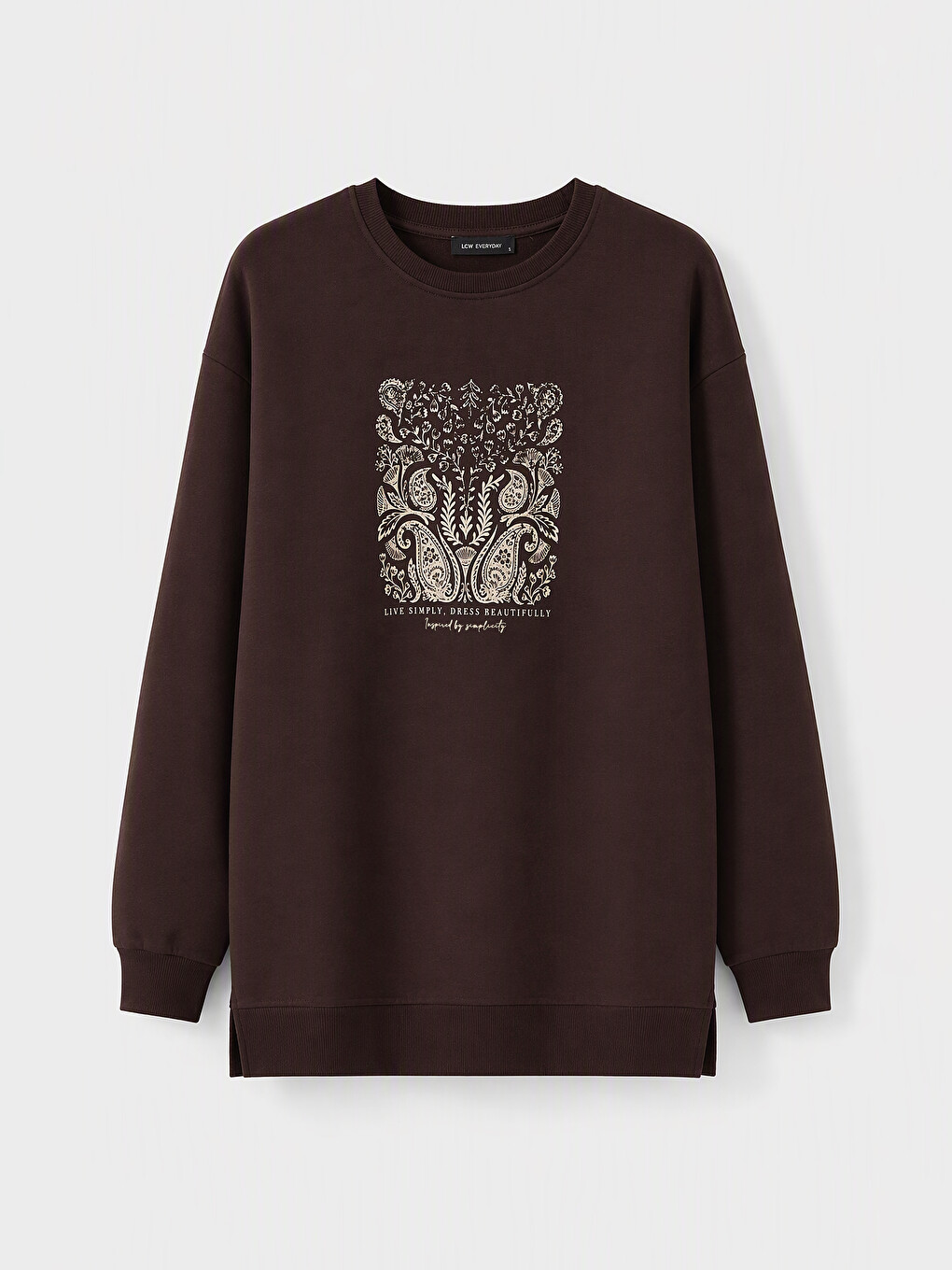 Kahverengi Oversize Baskılı Kadın Sweatshirt Tunik