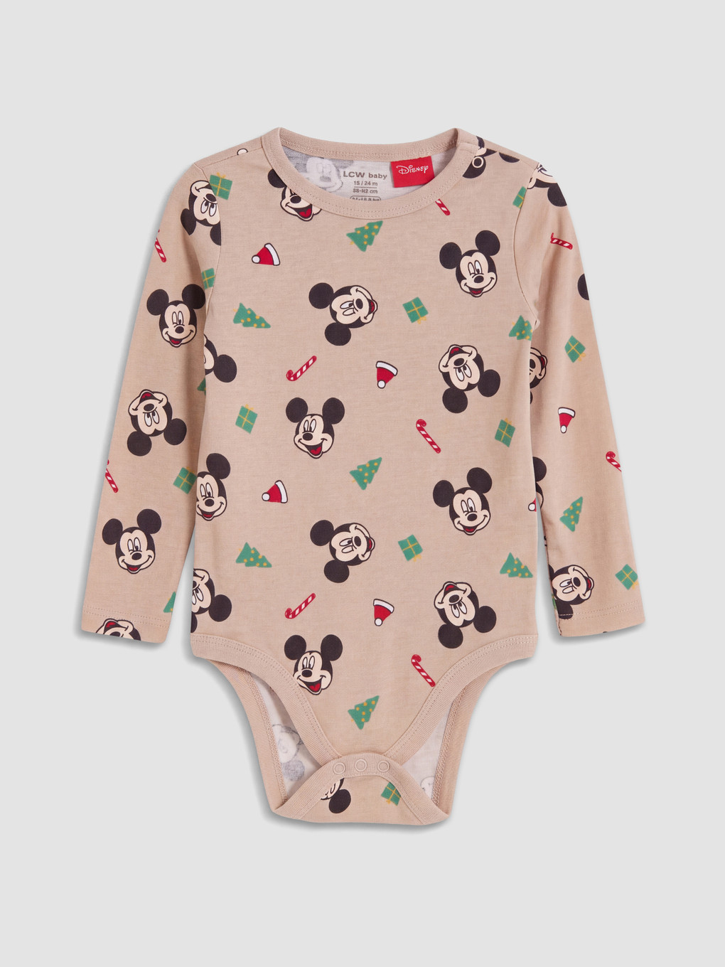 Bej Yeni Yıl Temalı Mickey Mouse Erkek Bebek Çıtçıtlı Body