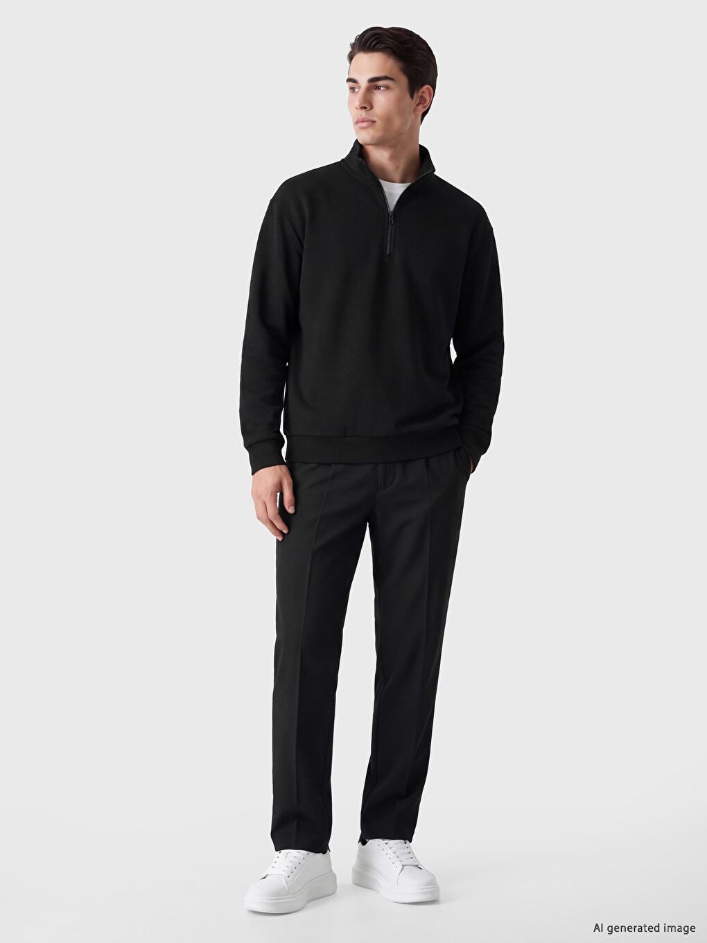 Siyah Dik Yaka Kalın Erkek Sweatshirt-1