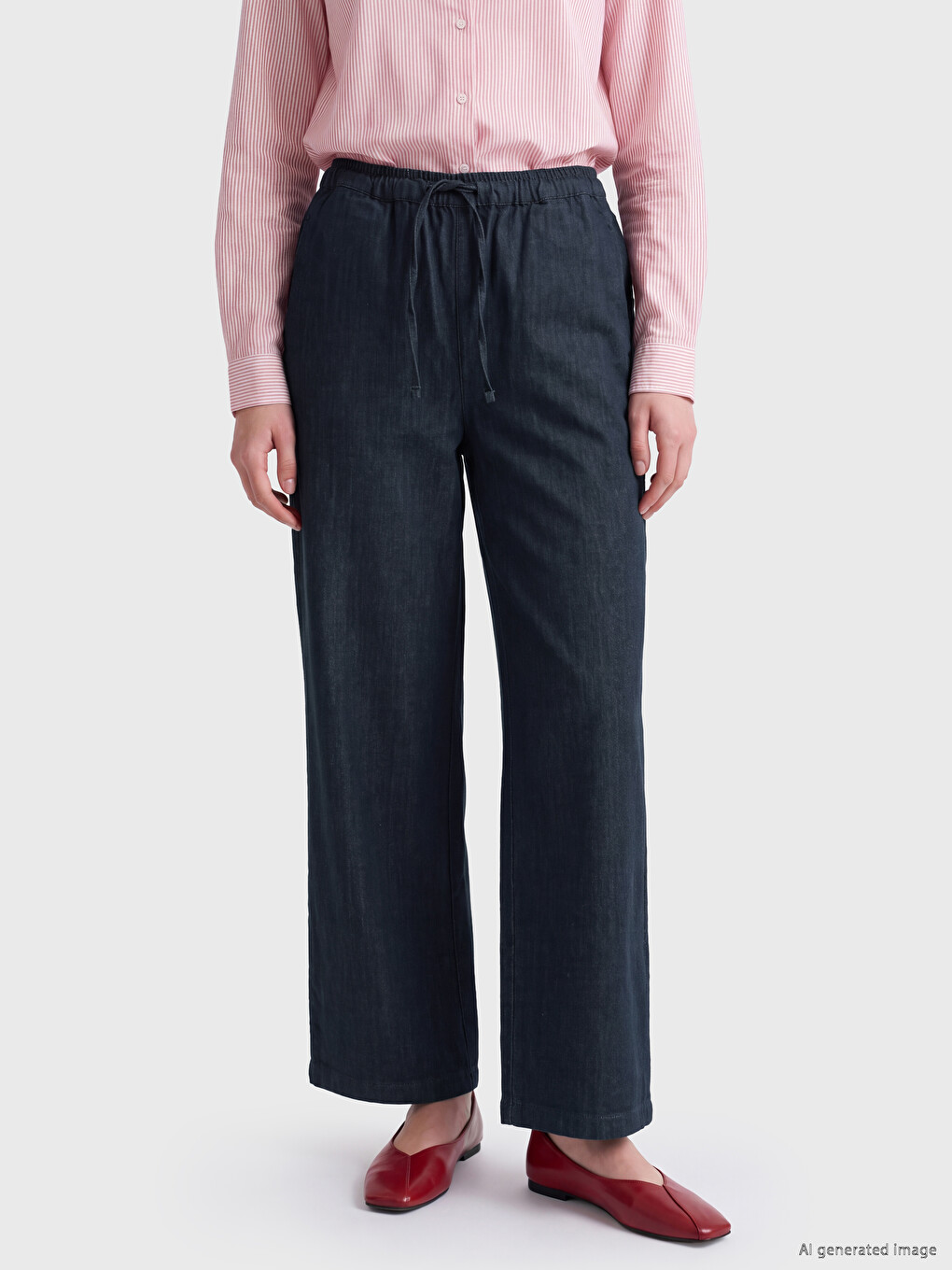 Mavi Beli Lastikli Wideleg Kadın Jean Pantolon-1