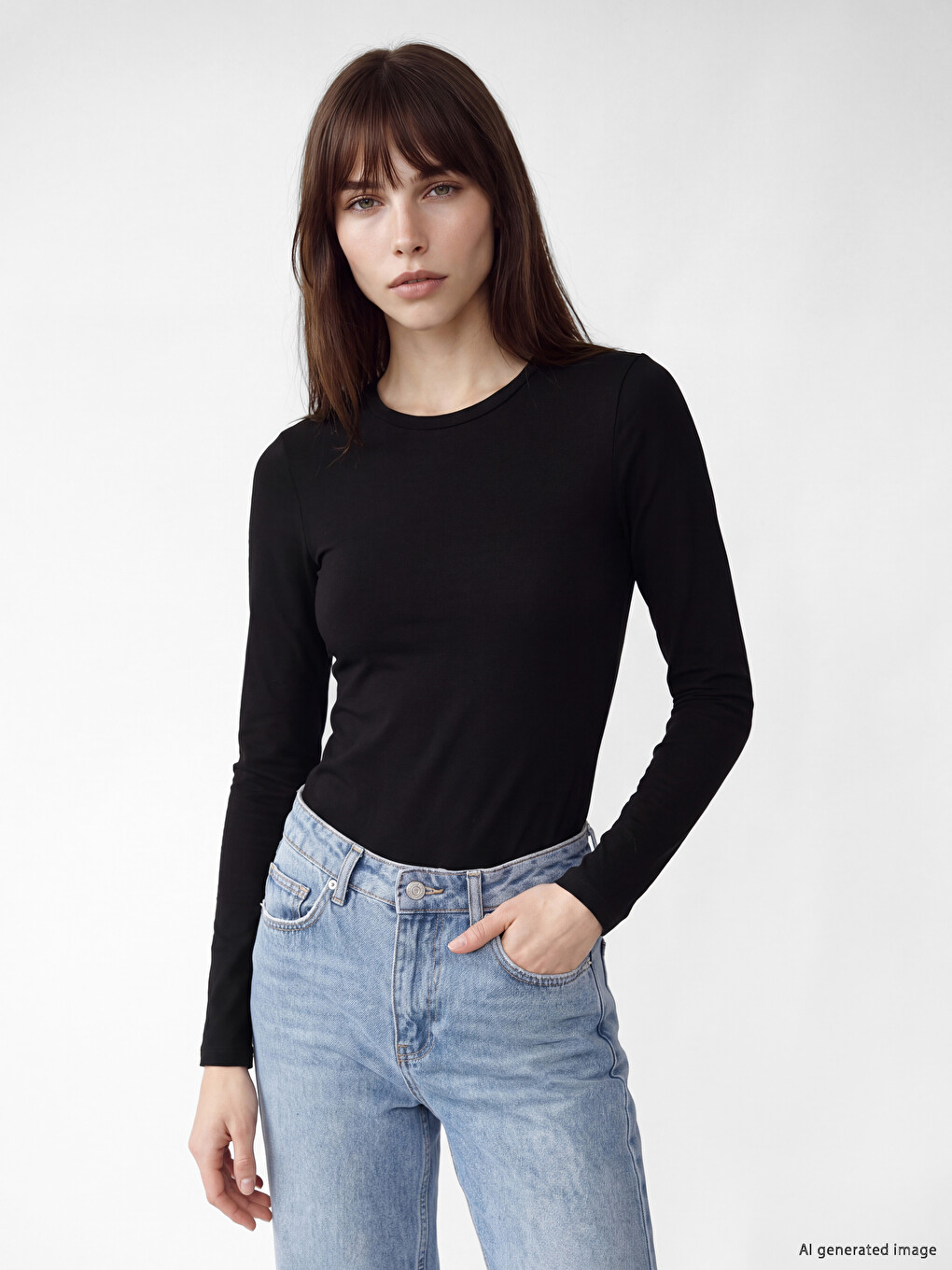 Siyah Bisiklet Yaka Kadın Bodysuit