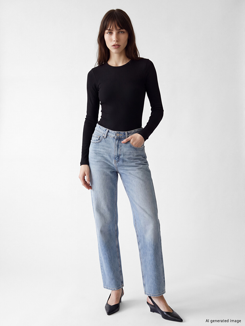 Siyah Bisiklet Yaka Kadın Bodysuit-1