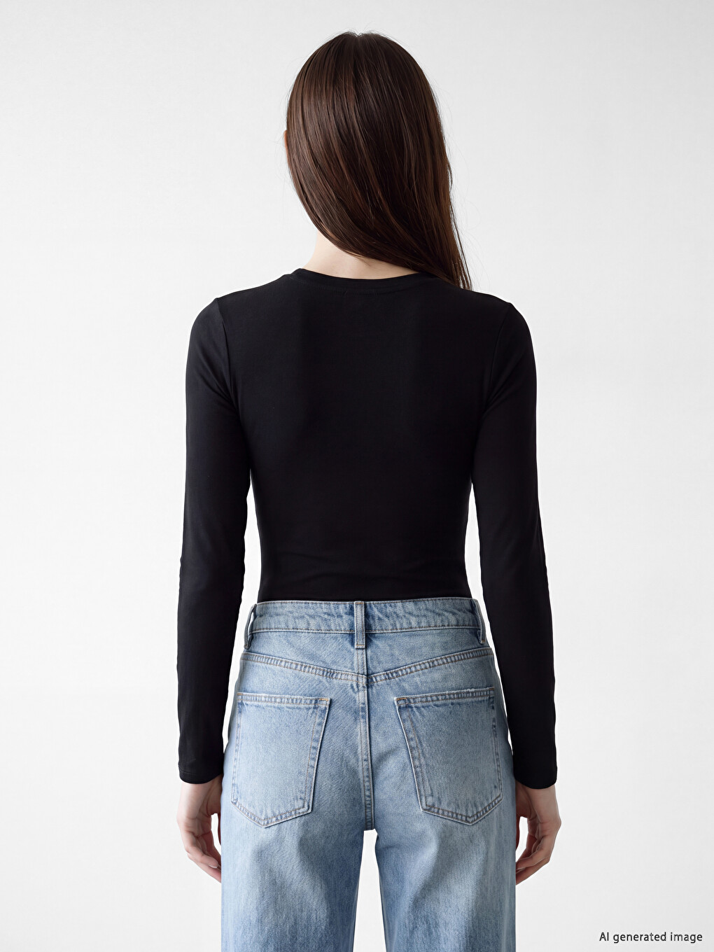Siyah Bisiklet Yaka Kadın Bodysuit-3