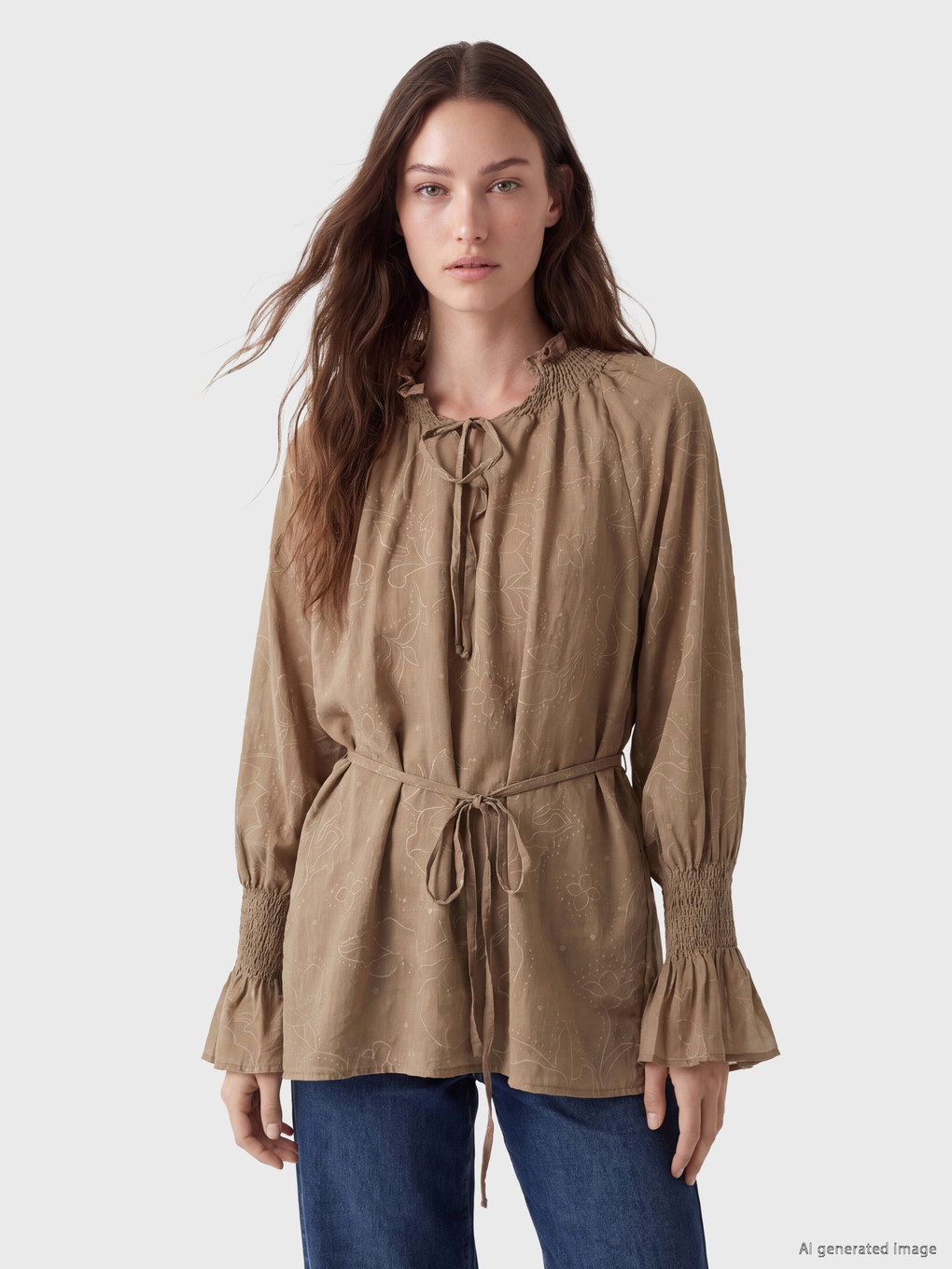 Patterned Sashed Women's Smocked Tunic