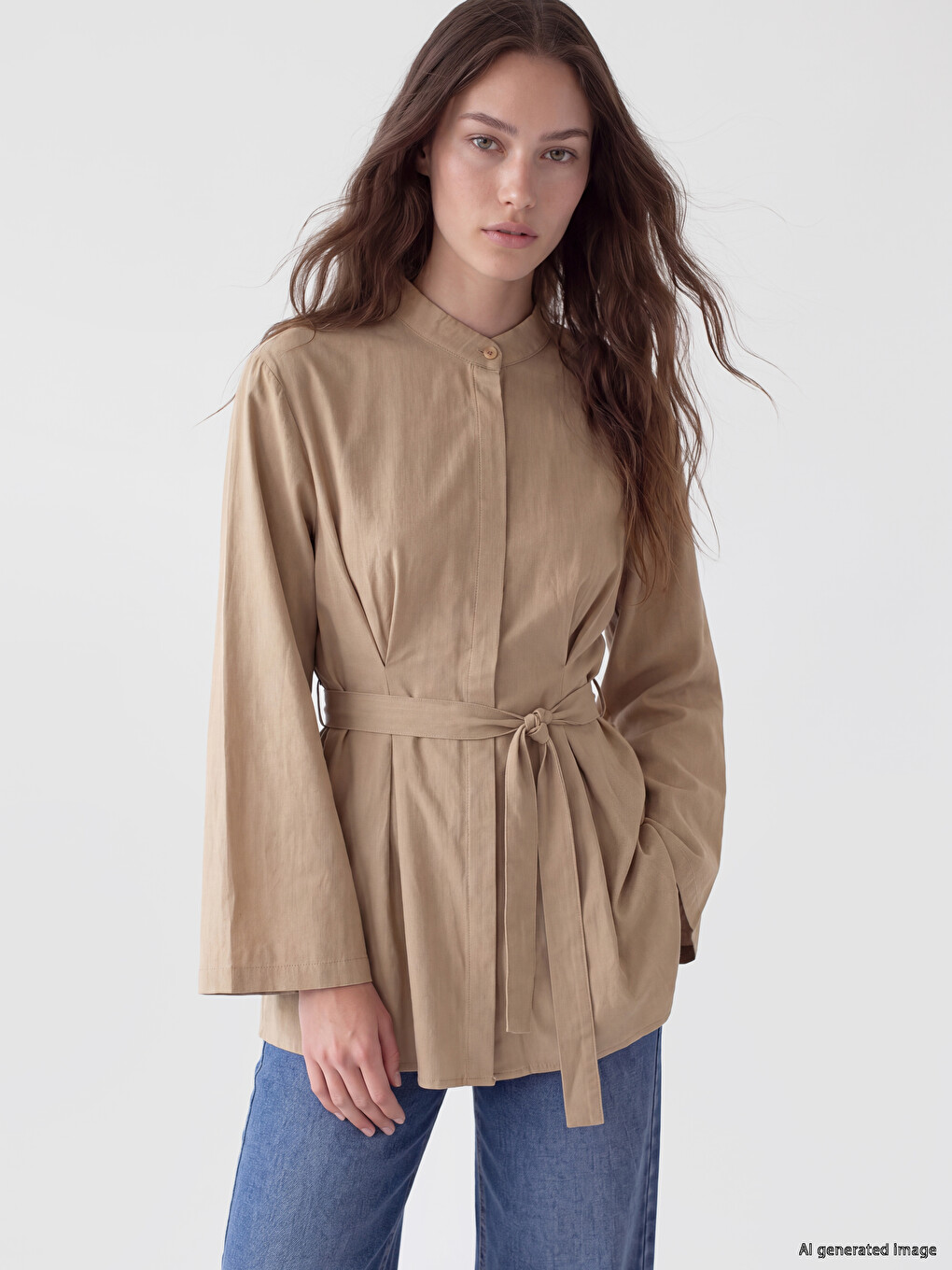 Grandad Collar Sashed Women's Shirt Tunic