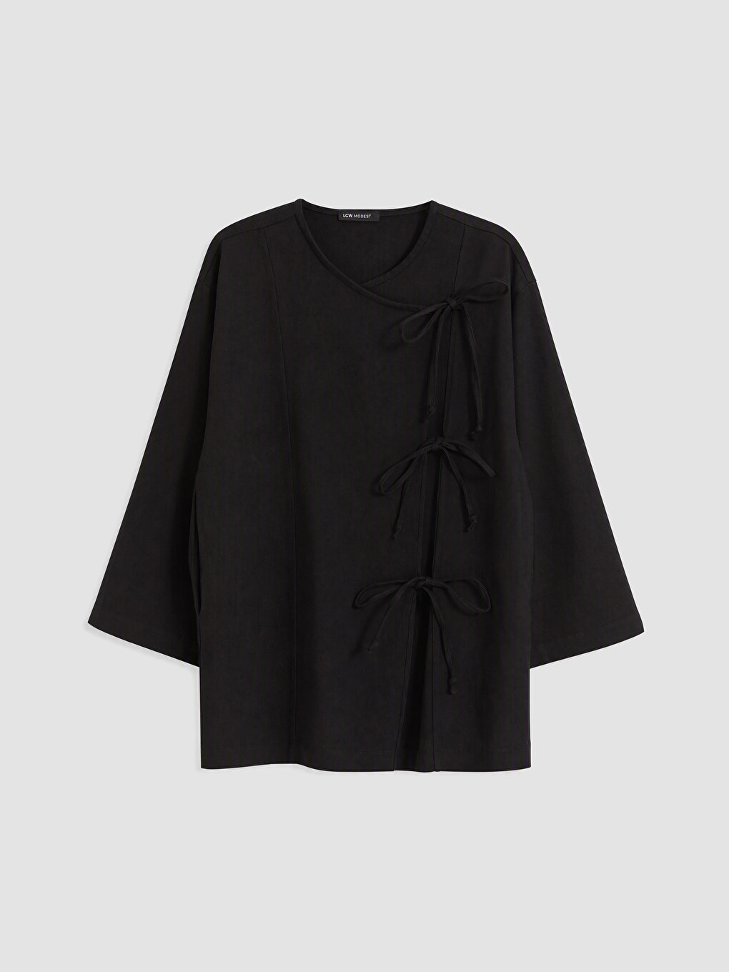 Siyah Kruvaze Yaka Bağcıklı Kadın Kimono