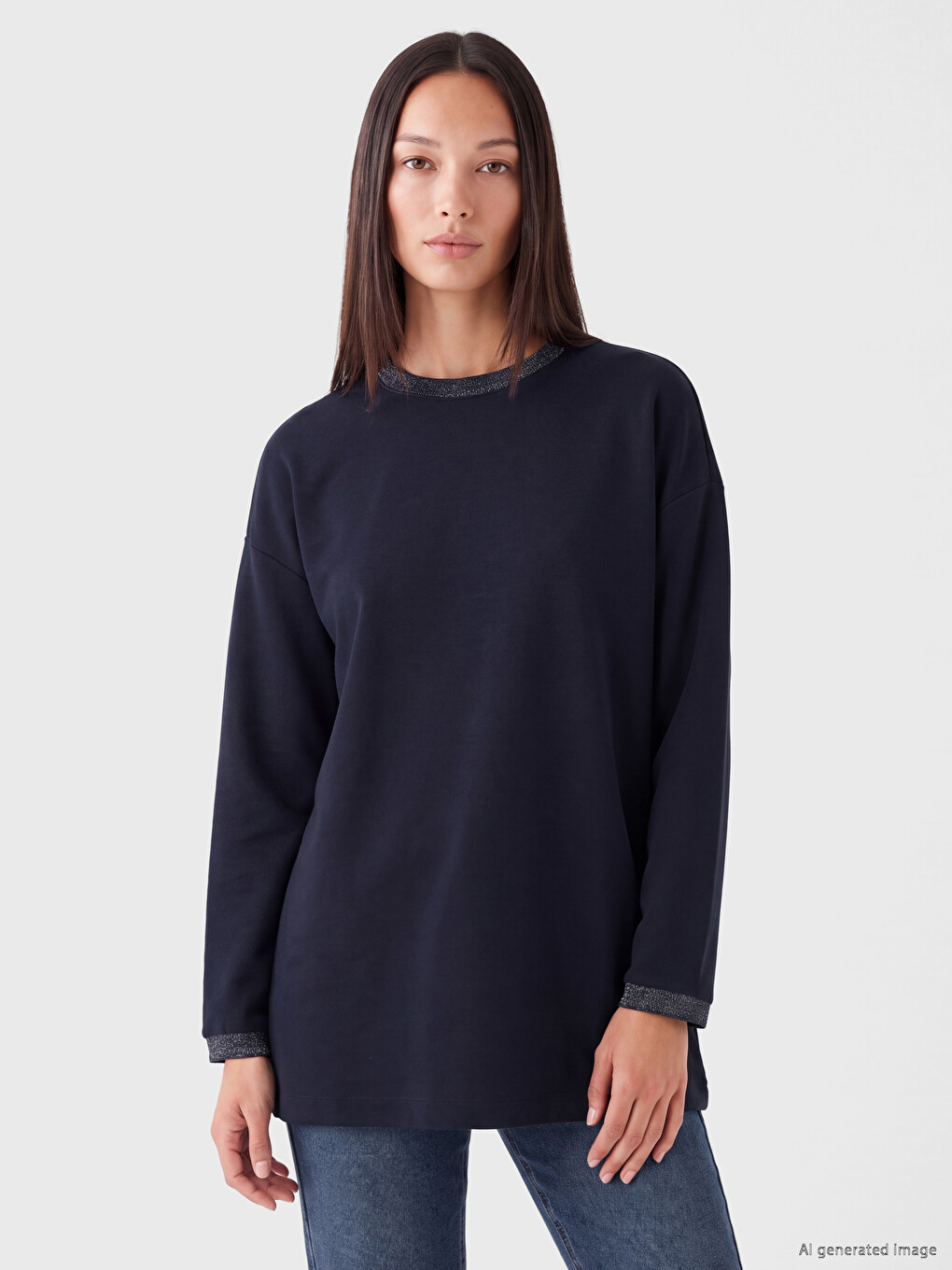 Lacivert Soft Touch Oversize Kadın Sweatshirt Tunik