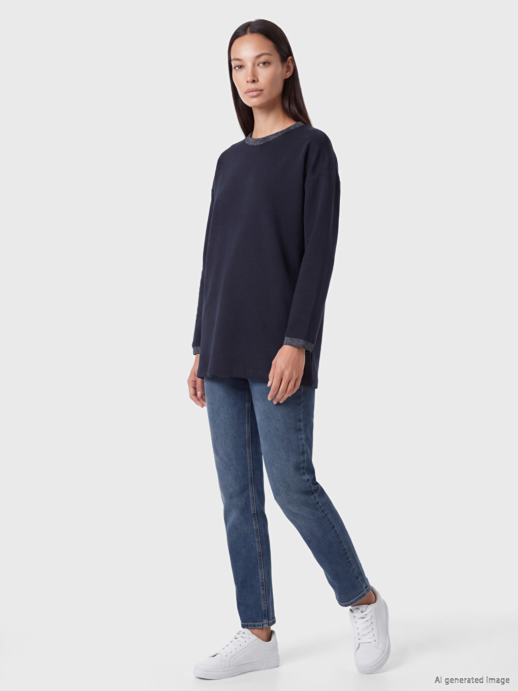 Lacivert Soft Touch Oversize Kadın Sweatshirt Tunik-1