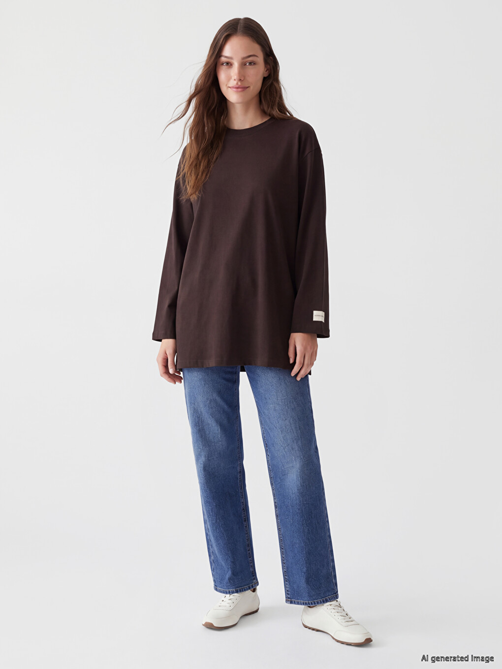 Kahverengi Bisiklet Yaka Kadın Sweatshirt Tunik-1
