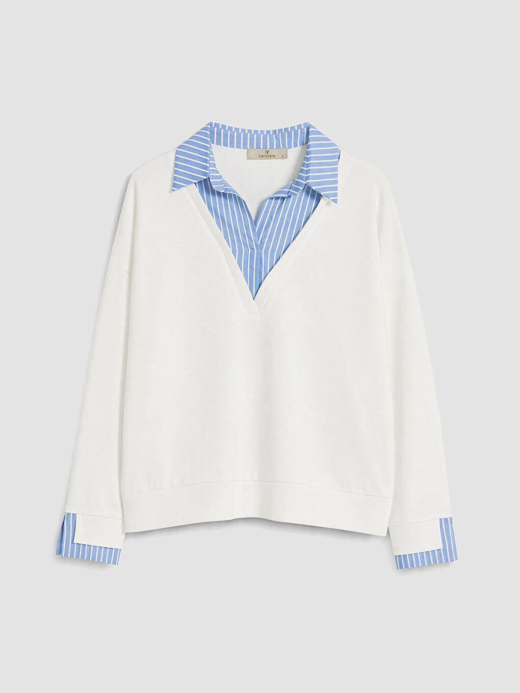 Ekru Gömlek Yaka Çizgili Kadın Sweatshirt-4
