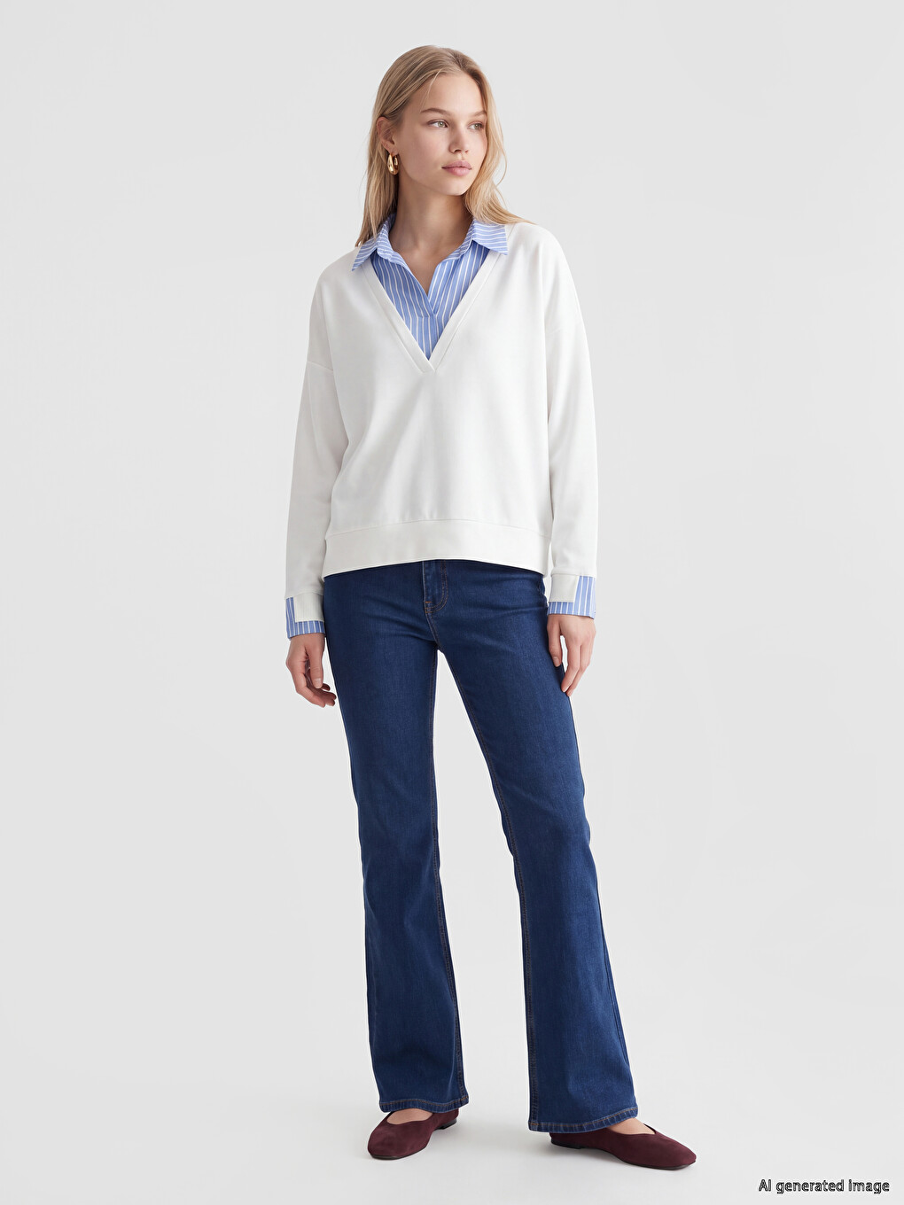 Ekru Gömlek Yaka Çizgili Kadın Sweatshirt-1