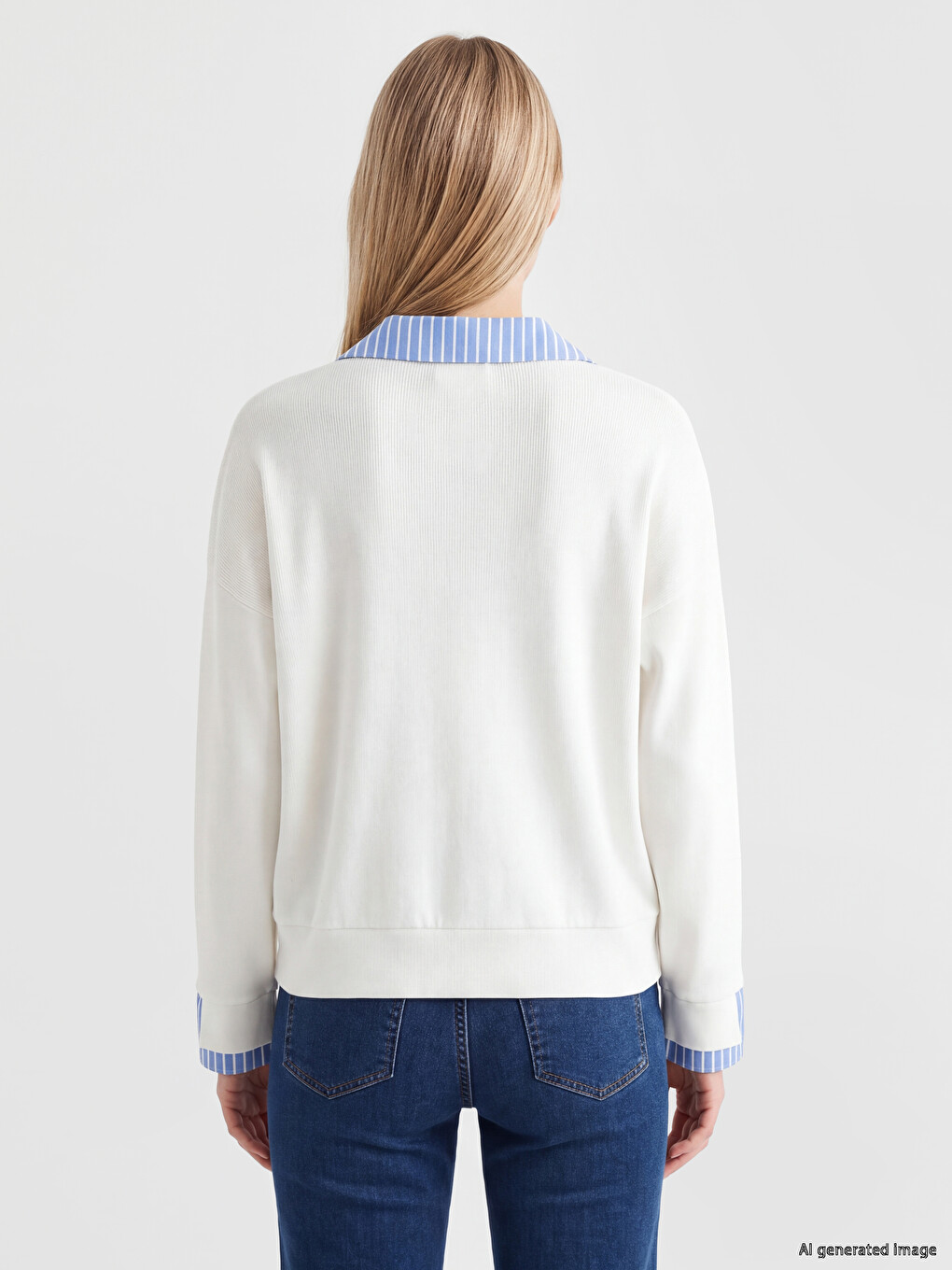 Ekru Gömlek Yaka Çizgili Kadın Sweatshirt-3