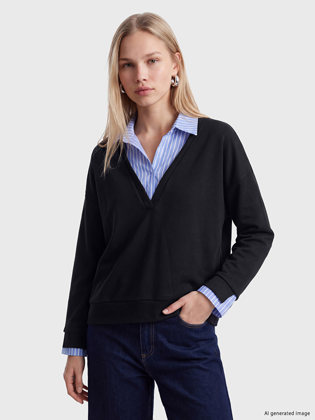 Lacivert Gömlek Yaka Çizgili Kadın Sweatshirt