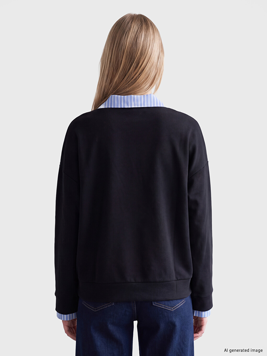 Lacivert Gömlek Yaka Çizgili Kadın Sweatshirt-3